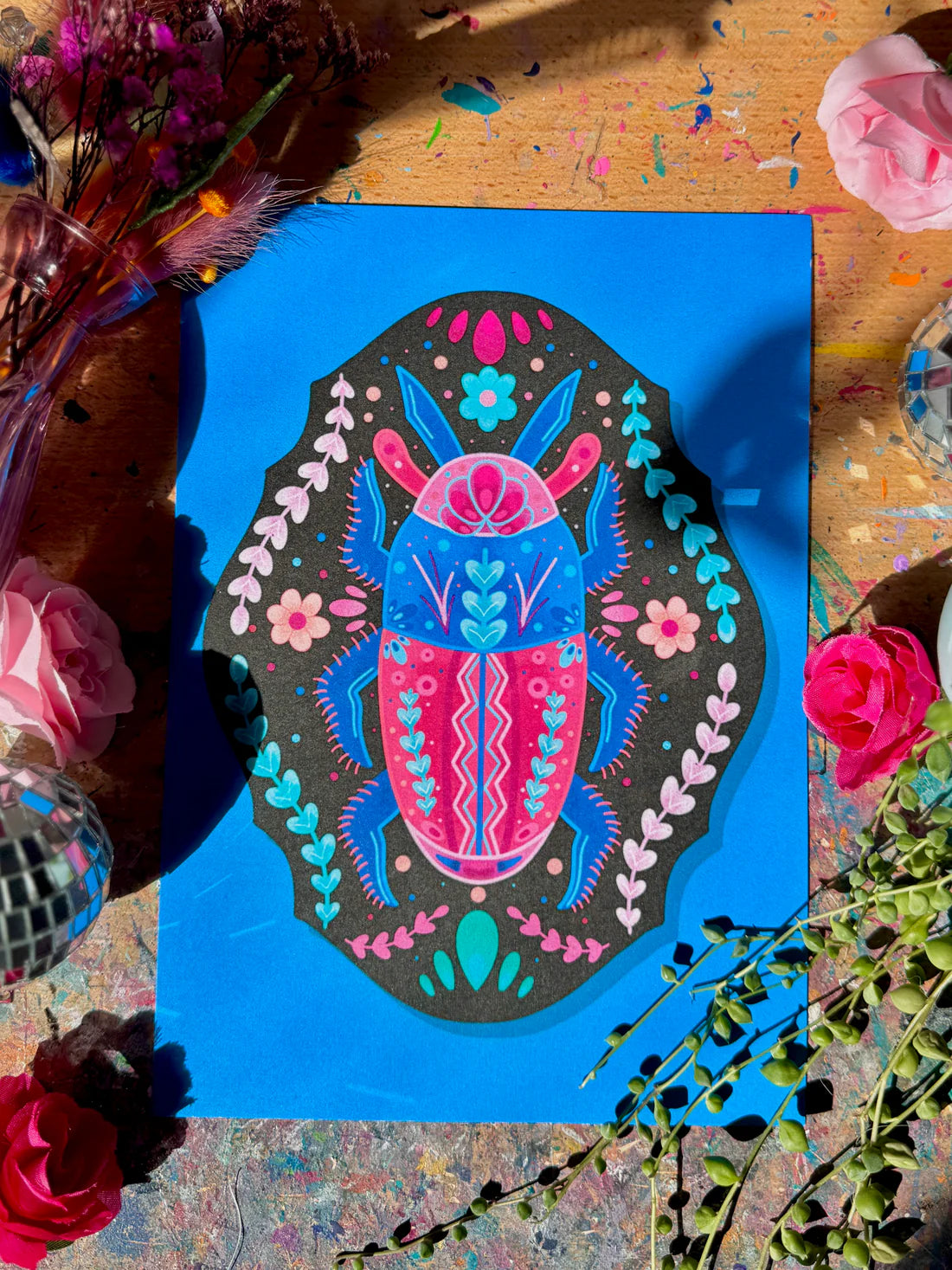 Blue + Pink Beetle On Plaque A5 Print