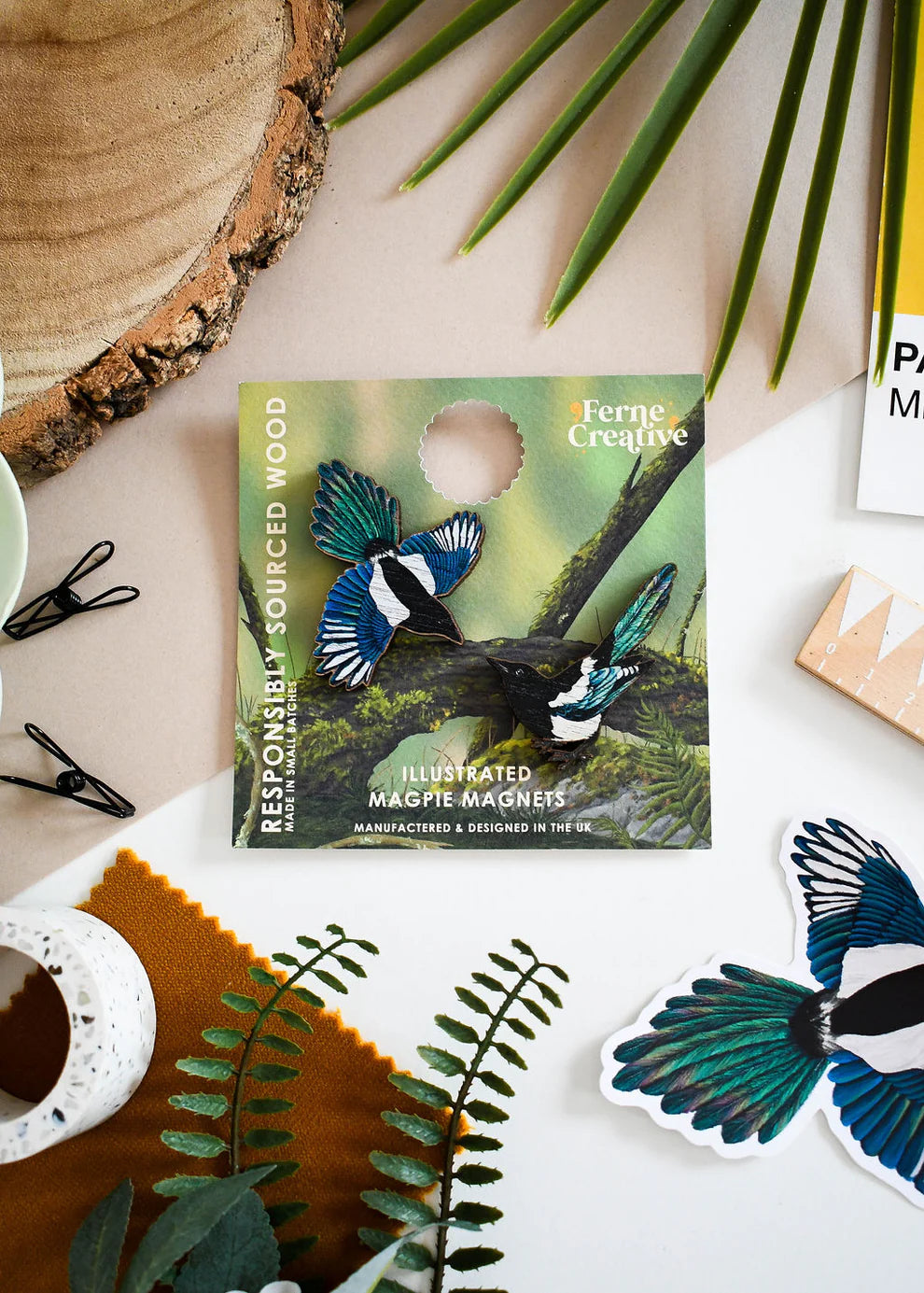 Wooden Magpie Magnets Set of 2