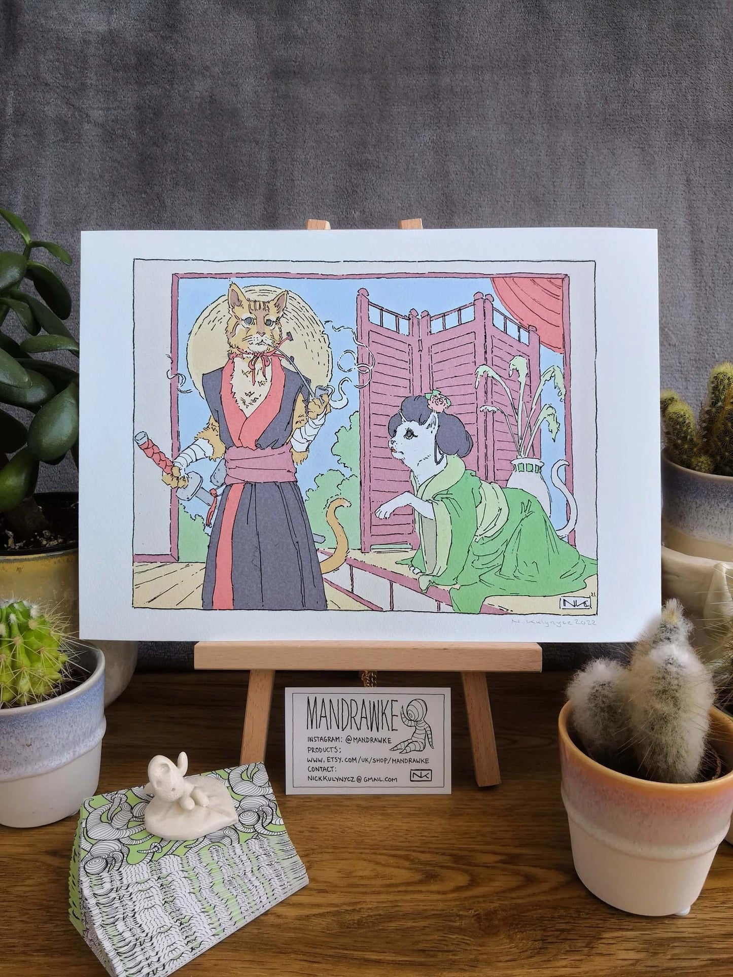 Samurai Cat and Geisha A4 Print