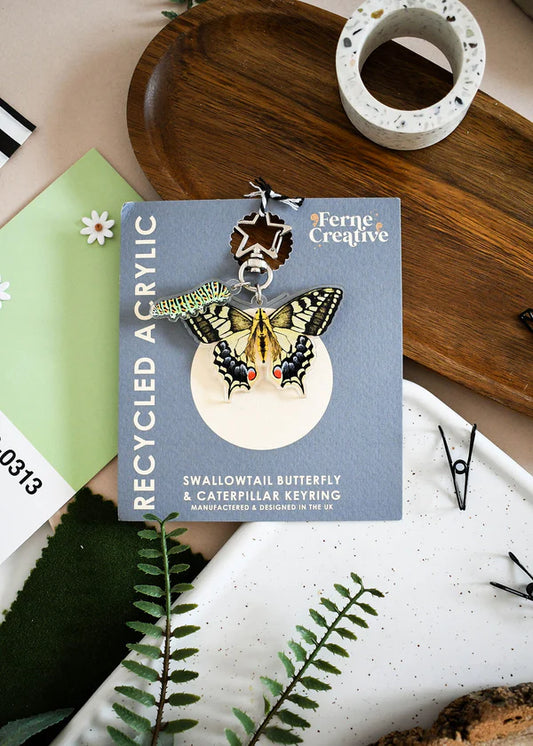 Swallowtail Butterfly and Caterpillar Recycled Acrylic Keyring