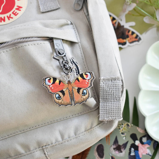 Recycled Acrylic Peacock Butterfly Keychain with Caterpillar Charm